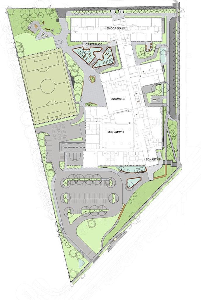 site plan for a large space with a building, trees, and parking